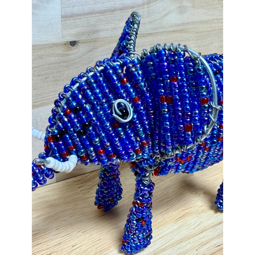 Handmade Beaded Wire Elephant Figurine Blue Folk Art Animal Sculpture 4x6 - Picture 3 of 5